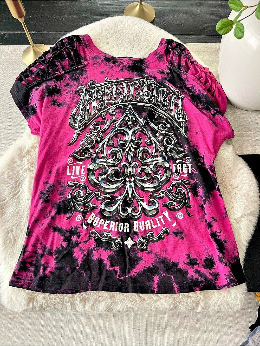 Affliction Graphic Tie-Dye Tee in Pink & Black Size Medium womens